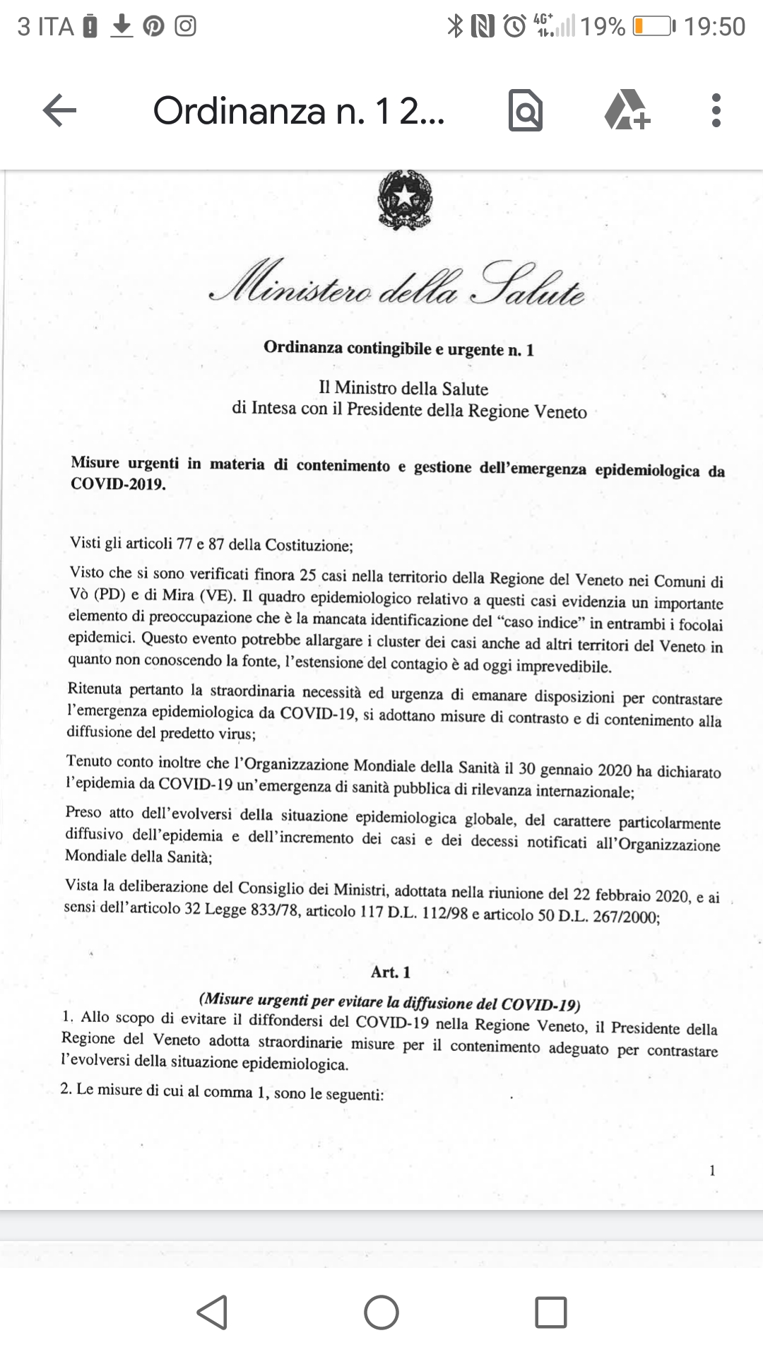 Coronavirus: Ordinanza del Ministero della Salute